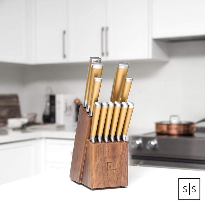 styled settings Gold Knife Set with Walnut Block â€“ 13-Piece Full Tang Stainless Steel Kitchen Knives â€“ Durable Gold Kitchen Accessories for Cooking and Food Prep - Image 5